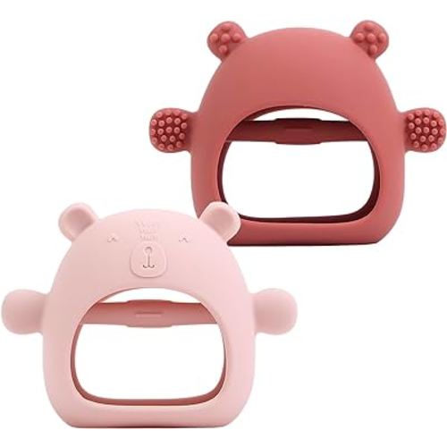 2 Pack Silicone Baby Teether Toy for Infants 3+ Months, Anti-Drop Silicone Baby Mitten Teether for Soothing Teething Pain Relief, Baby Chew Toys for Sucking Needs, BPA Free(Dark Pink, Red)