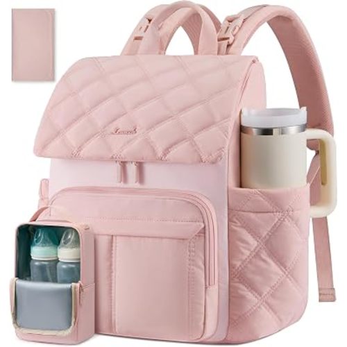 LOVEVOOK Diaper Bag Backpack With Pocket For Large Capacity Cup,Multi-Function Baby Travel Bag For Mom Dad,Waterproof Baby Bag for Boys Girls with Changing Pad,Insulated Bag,Stroller Straps,Pink