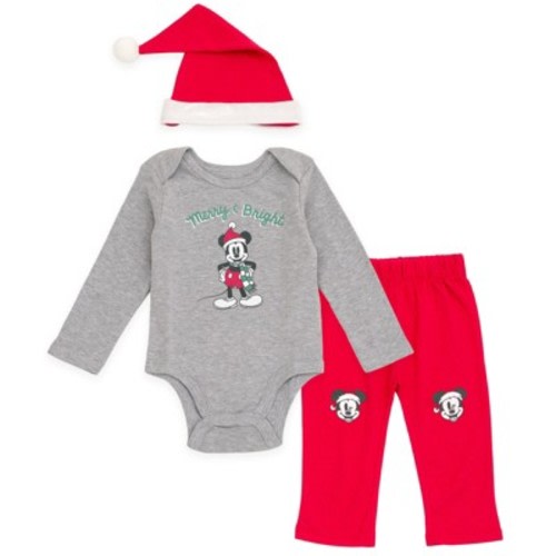 Disney Mickey Mouse Christmas Newborn Baby Boys Bodysuit, Pants and Velour Santa Hat 3 Piece Outfit Set Gray / Red 0-3 Months