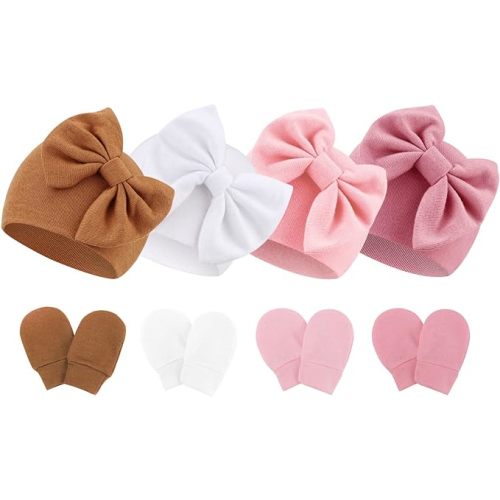 BQUBO Newborn Baby Hats Mittens Set Cotton Hospital Hat Preemie Infant Bow Hats No Scratch Mittens for Baby Girls 0-6 Months