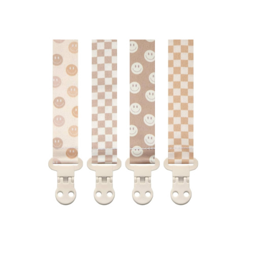 Baby Pacifier Clip Holder - Girl or Boy Unisex 4 Pack Gift Set - Retro Checker and Smiley Faces Design