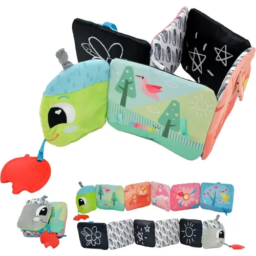 Lamaze Colorful Journey Caterpillar High Contrast Baby Book - Soft Fabric Baby Sensory Books - Includes Chewy Apple for Teething Babies - Baby Sensory Toys Ages 6 Months and Up