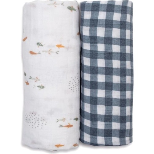 Cotton Muslin Swaddles, Fish/Navy Gingham (Pack of 2) - Lulujo Swaddles & Sleep Bags | Maisonette