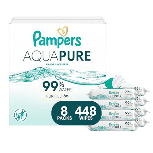 Pampers Aqua Pure Baby Wipes, 99% Water, Fragrance Free, 448 Baby Wipes Total (8X Flip-Top Packs) [Packaging May Vary]