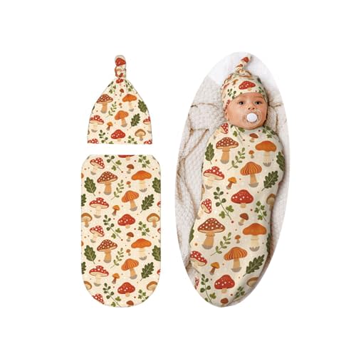 Cute Mushroom Swaddle Blanket Hat Set for Boys Girls, Soft Floral Newborn Swaddle Wrap Receiving Blanket Shower Gift