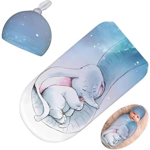 Cute Elephants Newborn Swaddling Blanket Beanie Hat Sets Soft Baby Receiving Funny Animal Blanket Soft Sleeping Bag New Born Soft Sleep Sacks for Boys Girls