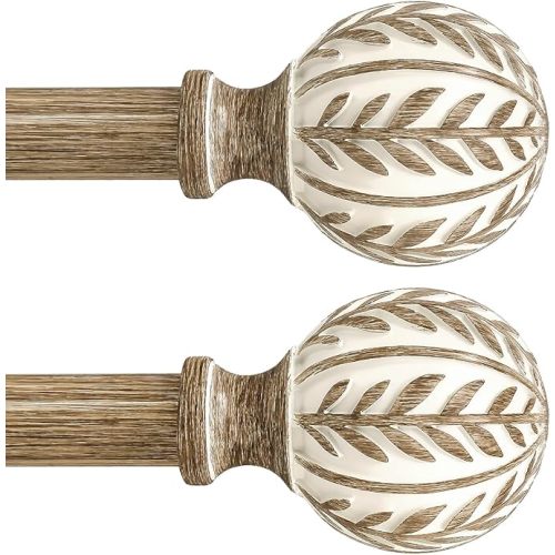 2 Pack Boho Wood Curtain Rods for Windows 28 to 48 inch,1" Adjustable Heavy Duty Window Curtain Rod with Imitation Wood Grain Finials,Rustic Decorative Drapery Rods Set 18-60'',Weathered Wood
