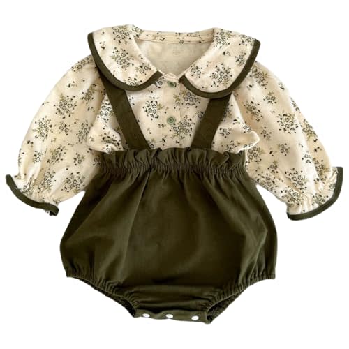 2-Piece Baby Girl Outfit - Long-Sleeve Peter Pan Collar Top & Suspender Romper for Outdoor Wear