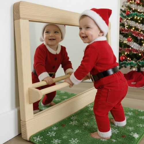 Montessori Wooden Mirror with Pull-Up Bar for Playroom, Handmade in Spain
