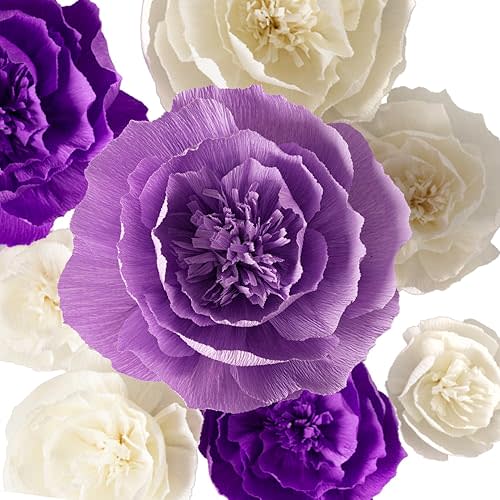 Crepe Paper Flower Decorations for Wall, Wedding Backdrop, Bridal Shower, Nursery Wall Decor, Birthday Party (Purple, Beige, Lavender, Set of 8)