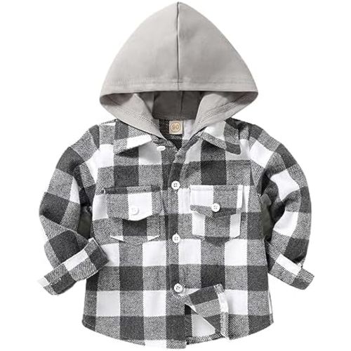 YOUNGER STAR Toddler Kids Boys Girls Flannel Hooded Plaid Shirt Button Baby Red Clothes