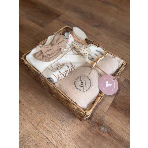Baby girl, tan and white gift basket featuring Sophie the giraffe (6 pieces)
