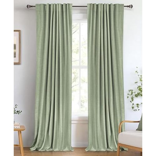 100% Blackout Shield Linen Blackout Curtains for Bedroom 84 Inches Long, Back Tab/Rod Pocket Living Room Drapes, Thermal Insulated Blackout Curtains 2 Panels Set, 50" W x 84" L, Sage