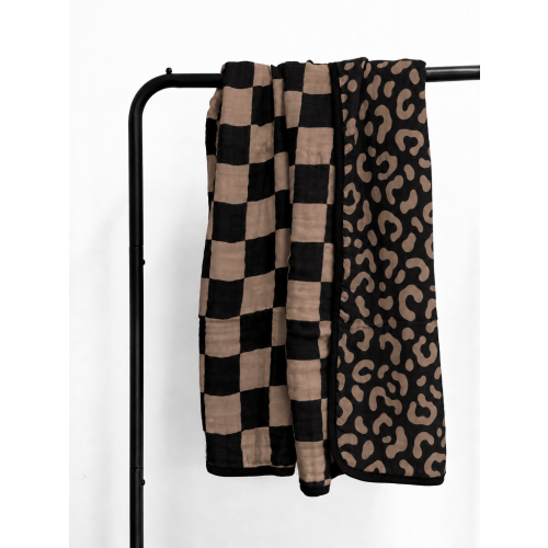Organic Muslin Quilt in Midnight Mocha Leopard x Taupe + Black Checkered