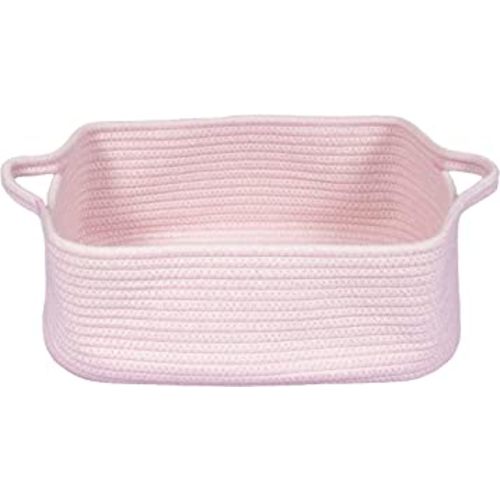 Woven Cotton Rope Storage Basket with Handles for Organizing Shelves Closet Small Cat Dog Pet Toy Baskets Box Bin Decorative Rectangle Baby Nursery basket Gift Basket Empty Light pink