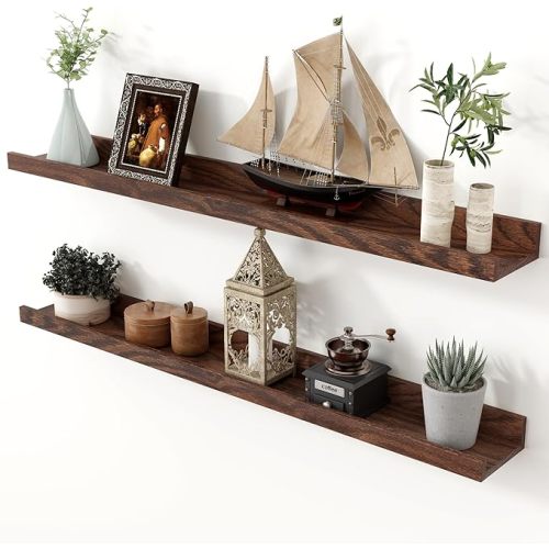Axeman Oak Picture Ledge Shelf, 36 Inch Floating Shelves Set of 2, Solid Oak Wood Wall Shelves with Lip, Wall Decor Storage for Bedroom Living Room Bathroom Kitchen Nursery Photo Picture, Walnut