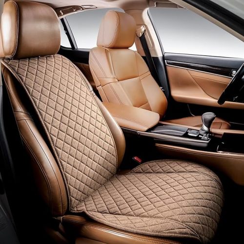 Faux Linen Front Car Seat Cover – Non-Slip Bucket Seat Protector for Most Cars, SUVs, Vans & Trucks – 1 Seat Cover, Machine Washable, Side-Airbag Friendly, Light Brown