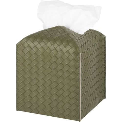 Tissue Box Cover Square Leather Facial Paper Holder, Olive Green