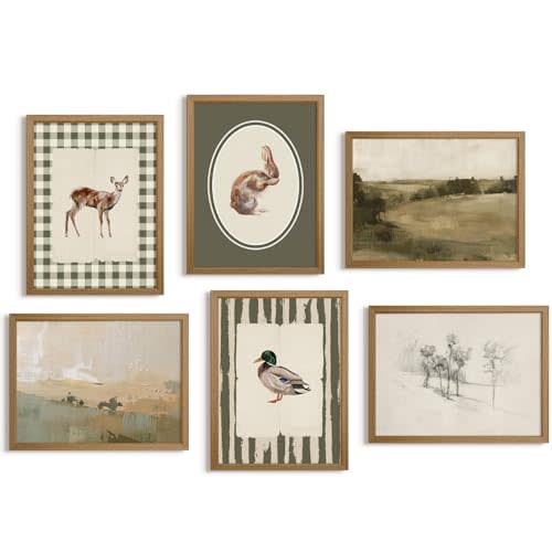 Vintage Nursery Wall Art Baby Boy Room Canvas Wall Decor Hunting Animal Prints Kids Poster Deer Duck Pictures Nursery Neutral Artwork Rabbit Painting for Children Bedroom 8x10 Inch Framed Set of 6