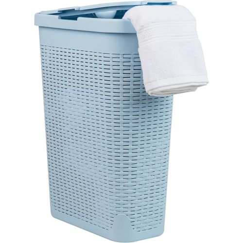 Slim Laundry Hamper with Lid, 40L Clothes Basket, Narrow Tapered Design with Ventilated Cutout Pattern, Plastic, Baby Blue