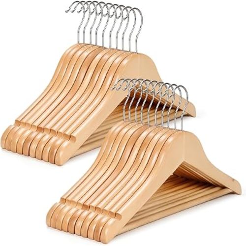 TOPIA HANGER Baby Wooden Hangers 20 Pack, Natural Solid Wood Children Hangers, Kid's Coat Hanger with Pant Bar, Notches, 360° Swivel Hooks, Premium Toddler Hangers for Baby Closet-CT88N20