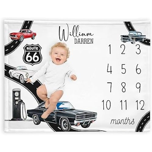 Personalized Classic Car Baby Milestone Blanket, Vintage Car Growth Blanket, Monthly Infant Milestone Throw, Classic Vintage Automobile. Fleece Nursery Cover, Route Baby