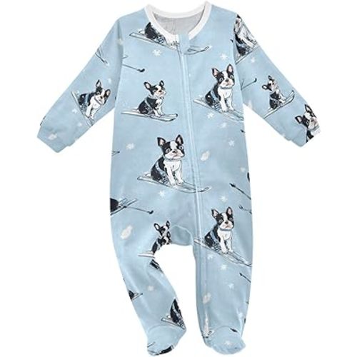 Plaaee Unisex-baby One-piece Footie,Boston Terrier Dogs Skiing Zip Up Jumpsuit Footed Sleep and Play 3-24M