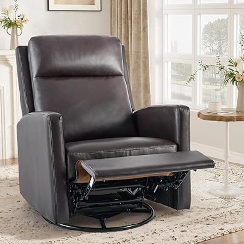 Leather Recliner Chair for Adults, Swivel Rocker Recliner for Small Spaces, Wide Glider Rocking Nursery Chair with Ergonomic High Backrest, for Home Living Room, Office, Bedroom（Chocolate Brown）