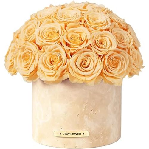 JoyFlower Preserved Flowers Vase, Yellow Travertine Vase with Forever Flowers Decor for Table Centerpiece, Champagne Eternal Flower Vase Decoration for Party Home Living Room Bedroom House Coffee Shop