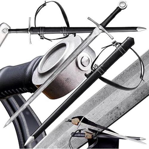 Handmade 43”Single-Handed Medieval Modern Style Sword 5160 Hand Forged Spring Steel Riveted Pommel Full Tang Arming Swords Prop/Battle with Scabbard