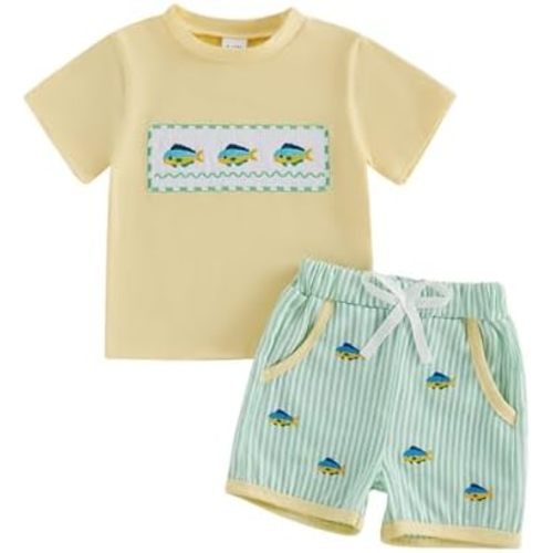 Kavousa Toddler Boy Summer Outfits Baby Boy Animal Print Short Sleeves T-Shirt Plaid Shorts Set Infant Boy Clothes Set