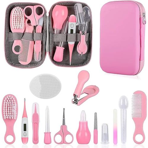 Baby Grooming Kit, Infant Safety Care Set with Hair Brush Comb Nail Clipper Nasal Aspirator,Baby Essentials Kit for Newborn Girls Boys (Pink)