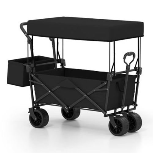 Gymax Collapsible Wagon w/Removable Canopy Adjustable Handles Detachable Storage Bag Black