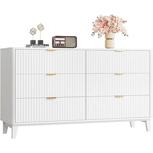 WLIVE Fluted Dresser for Bedroom with 6 Drawers, 54" Wide Wood Dresser with Golden Metal Handles, TV Stand for 65 inch TV, Mid Century Modern Chest of Drawers for Living Room, Hallway, Closet, White