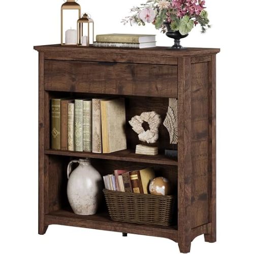 Rustic Bookshelf Bookcase, Wood Book Shelf with Drawer, 3 Tier Book case for Small Space, Low Book case for Living Room, Home Office, Bedroom (Rustic Oak)