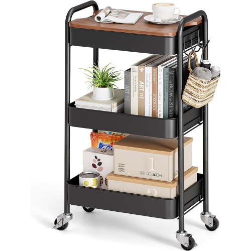 3-Tier Rolling Cart with Table Top, Metal Storage Cart on Wheels, Utility Organizer with Wooden Tray, Lockable Casters, Easy Assembly for Bathroom, Living Room, Office, Kitchen, Black