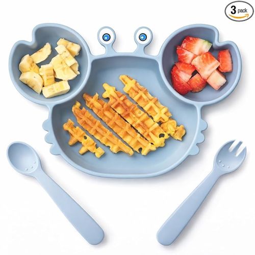 ROCCED Suction Plates for Baby, Silicone Plates with Suction Divided, Baby Spoon Fork Set for Toddler Baby Dishes Kids Utensils-Crab Dusty Blue