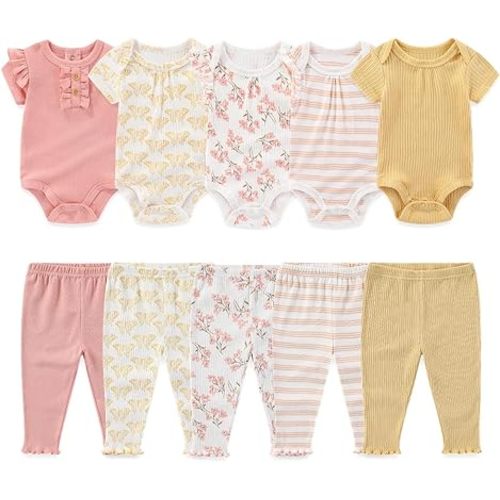 Kiddiezoom Newborn Baby Layette Set 10-Piece with Bodysuits and Pants Set for Unisex Baby Gift Sets