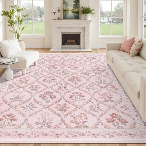 Pink Area Rug for Living Room 8x10, Soft Large Washable Bedroom Rug, Boho Cute Floral Indoor Decor Non Slip Low Pile Carpet for Girls Room Kids Playroom Nursery, Pink Multi