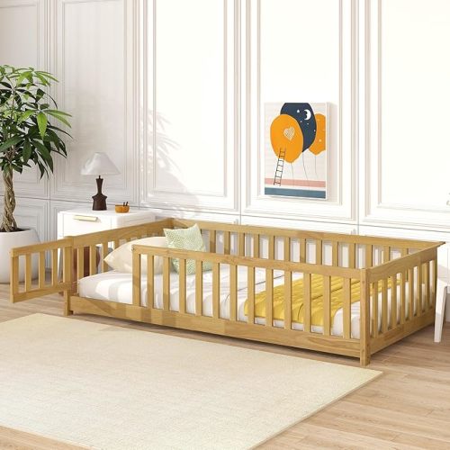 Bellemave Twin Size Floor Bed Frame with Fence and Door for Kids, Montessori Floor Bed with Slats and Safety Guardrails,Solid Wood Twin Bed Frame for Girls Boys,Natural