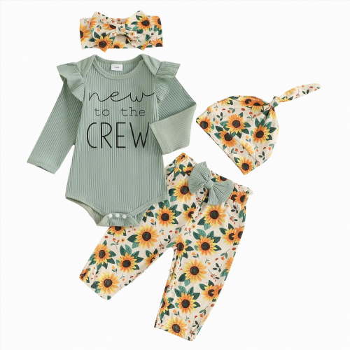 mgoYE Baby Girl Clothes Newborn New To The Crew Baby Girl Outfit Newborn Coming Home From Hospital Outfits Ribbed Romper Bodysuit Floral Pants Set 4PCS Sets(Green,0-3 Months)