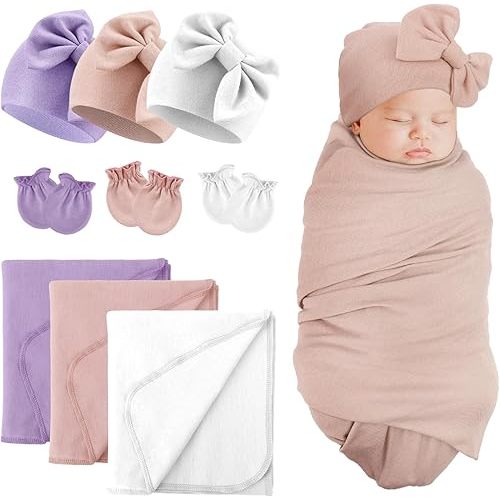 DRESHOW BQUBO Newborn Receiving Blankets Cotton Warm Sleepsack with Mittens & Bow Hats Hospital Baby Swaddling Shower Gift