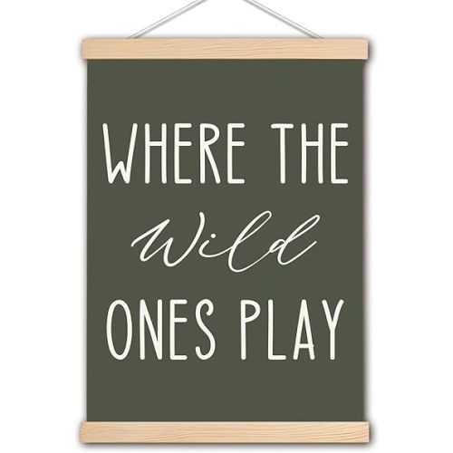 DNEULYR Green Nursery Wall Art Poster, Kids Playroom Wall Decor, Where the Wild Ones Play Poster Hanger Frame for Toddler Kids Room Bedroom Nursery Playroom, 12x16 Inches