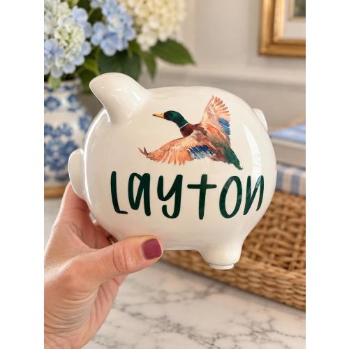 Personalized green mallard duck name Piggy Bank, Baby Boy Nursery Decor, Custom Initial Piggy Bank, Preppy Nursery Keepsake