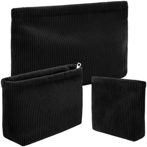 Sanwuta Christmas Gifts for Women Teens Girls, 3 Pack Corduroy Makeup Bag Cosmetic Travel Toiletry Pouch Large Velvet Zipper Make up Organizer Purse for Women Girls Teen(Black)