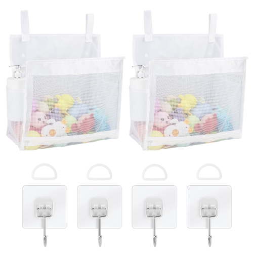 DODAMOUR 2 Pack Mesh Bath Toy Organizer with Hooks, Bottom Zipper Storage Bag for Bathtub (White)