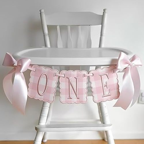 Pink Gingham Bow ONE High Chair Banner Sweet One Embroidered First Birthday Decorations for Baby Girl (Pink)