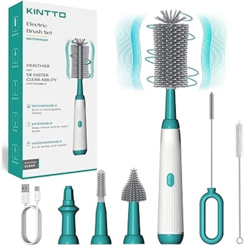Electric Water Bottle Brush Cleaner with Rechargeable, Baby Bottle Brush Cleaning Set ，Waterproof Replaceable Nipple and Straw Silicone Brush Green