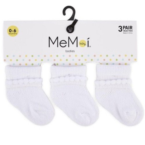 Memoi Baby Bootie Cotton Blend Socks 3 Pack White-White-White 6-12 Months