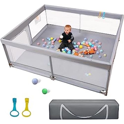 Baby Playpen Palopalo 71''x59'' Playard for Babies and Toddlers Extra Large Play Pen Baby Activity Center Mesh Baby Fence Infants Sturdy Safety Area All Wrapped Cushion & Anti-Slip Base, Gray